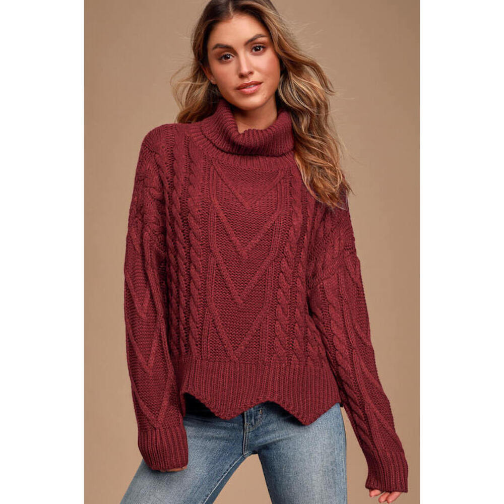 Lulus Call Me Cozy Wine Red Cable Knit Turtleneck Sweater - Size S